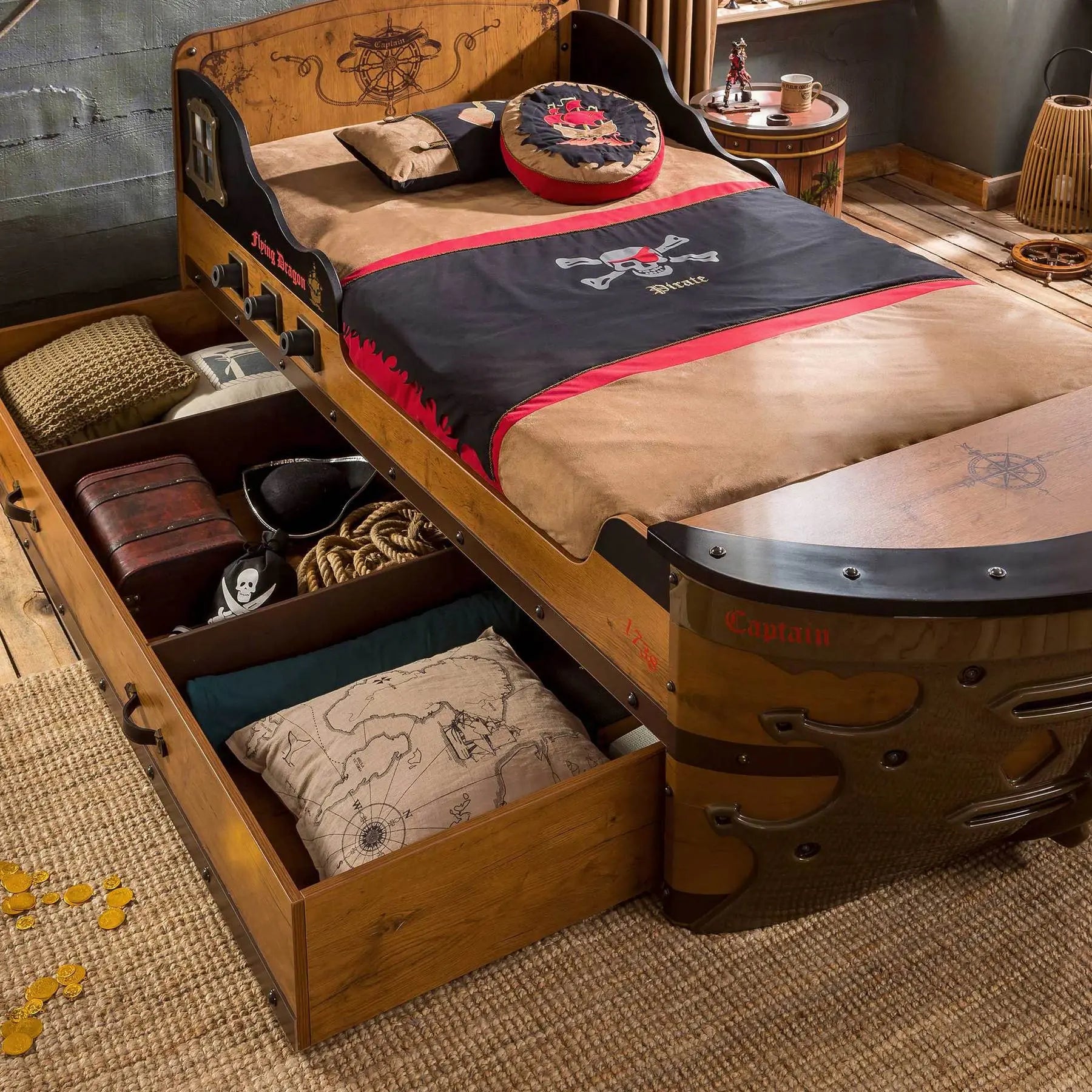 Pirate Ship Twin Size Bed for Kids (Trundle Bed Not Included)